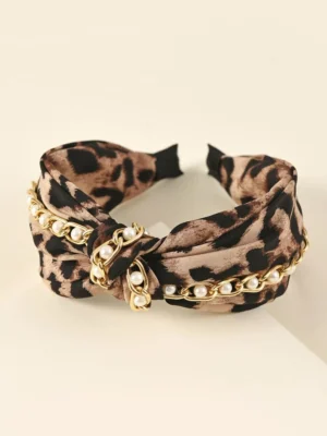 Bandeau à nœud large motif imprimé léopard avec chaîne de perles