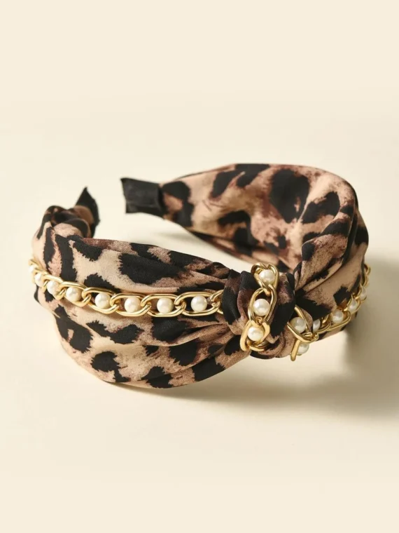 Bandeau à nœud large motif imprimé léopard avec chaîne de perles