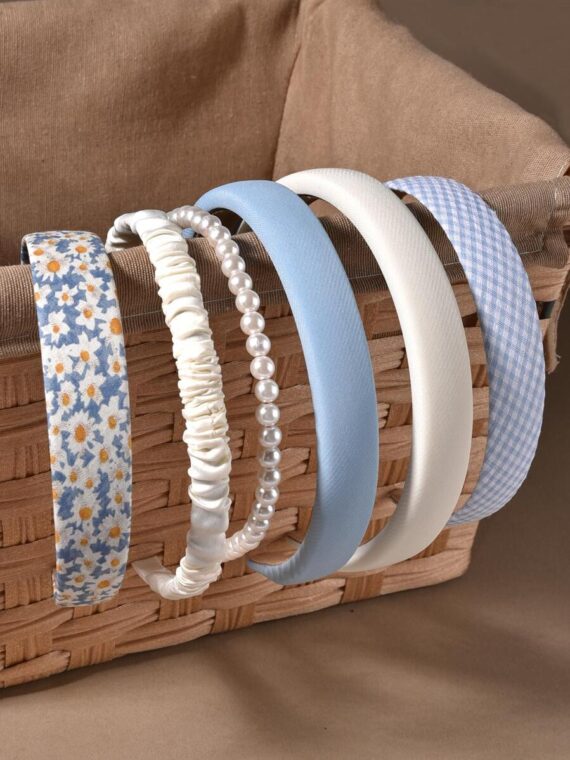 Bandeau à motif fleuri mignon style bleu doux avec décoration de fausses perles pour femme