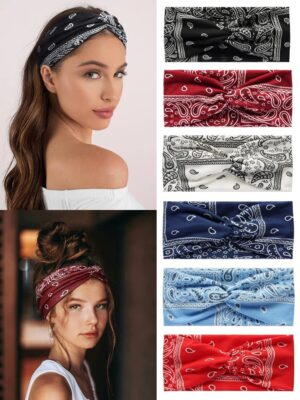 6 pièces/set Bandeau de sport élastique à la mode avec imprimé cachemire et design de nœud croisé