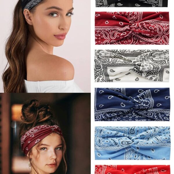 6 pièces/set Bandeau de sport élastique à la mode avec imprimé cachemire et design de nœud croisé