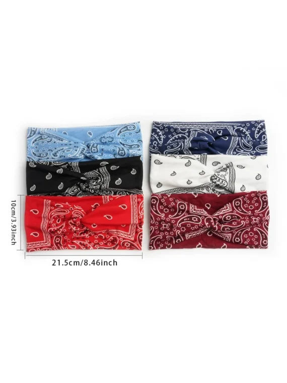 6 pièces/set Bandeau de sport élastique à la mode avec imprimé cachemire et design de nœud croisé