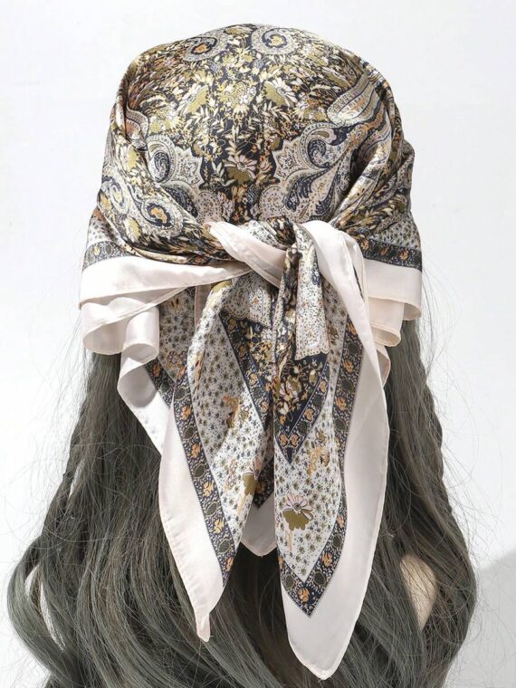 Foulard en faux soie avec impression géométrique et bloc de couleurs