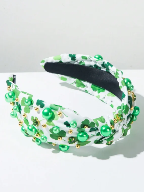 Bandeau à large bord en tissu imprimé avec strass et perles noué