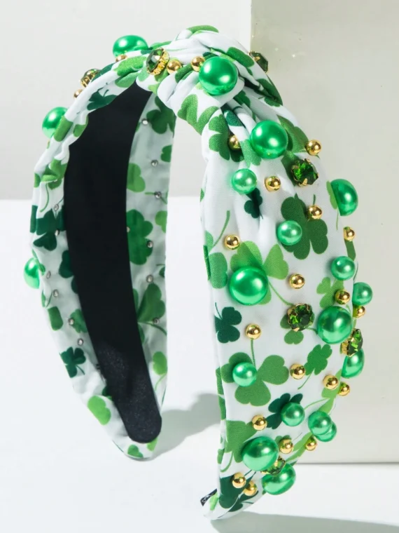 Bandeau à large bord en tissu imprimé avec strass et perles noué