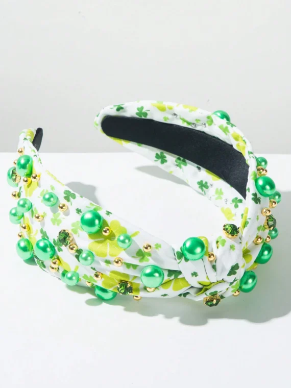 Bandeau à large bord en tissu imprimé avec strass et perles noué