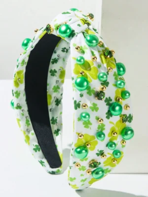 Bandeau à large bord en tissu imprimé avec strass et perles noué