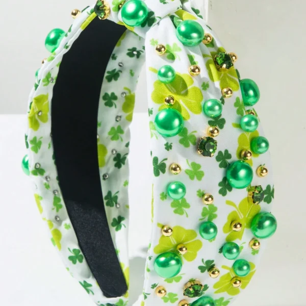 Bandeau à large bord en tissu imprimé avec strass et perles noué